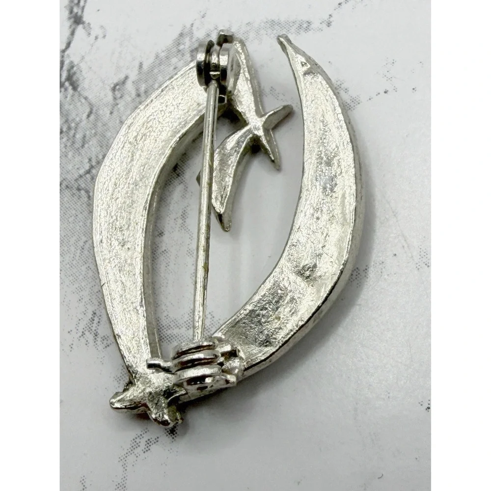 Vintage Silver Tone Leaf‎ Brooch Yellow Rhinestones Mid Century Pin